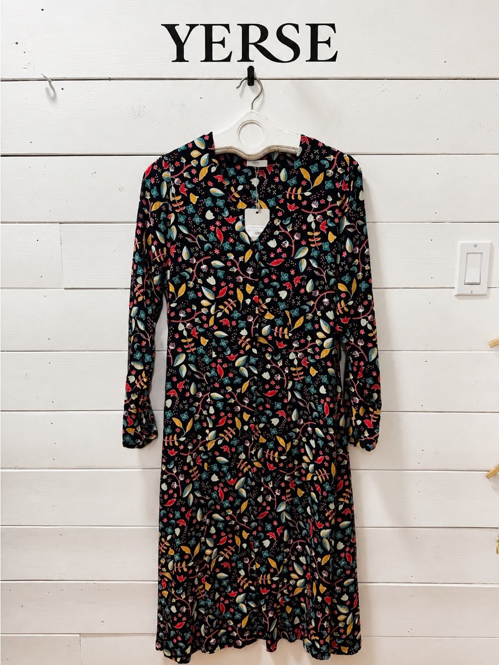 Yerse Floral Print Button-Front Midi Dress – Black Multi – Size L – NWT